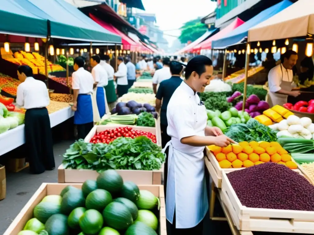 Chefs celebridades de Asia seleccionando ingredientes frescos en un bullicioso mercado, conectando con la diversidad culinaria de su herencia