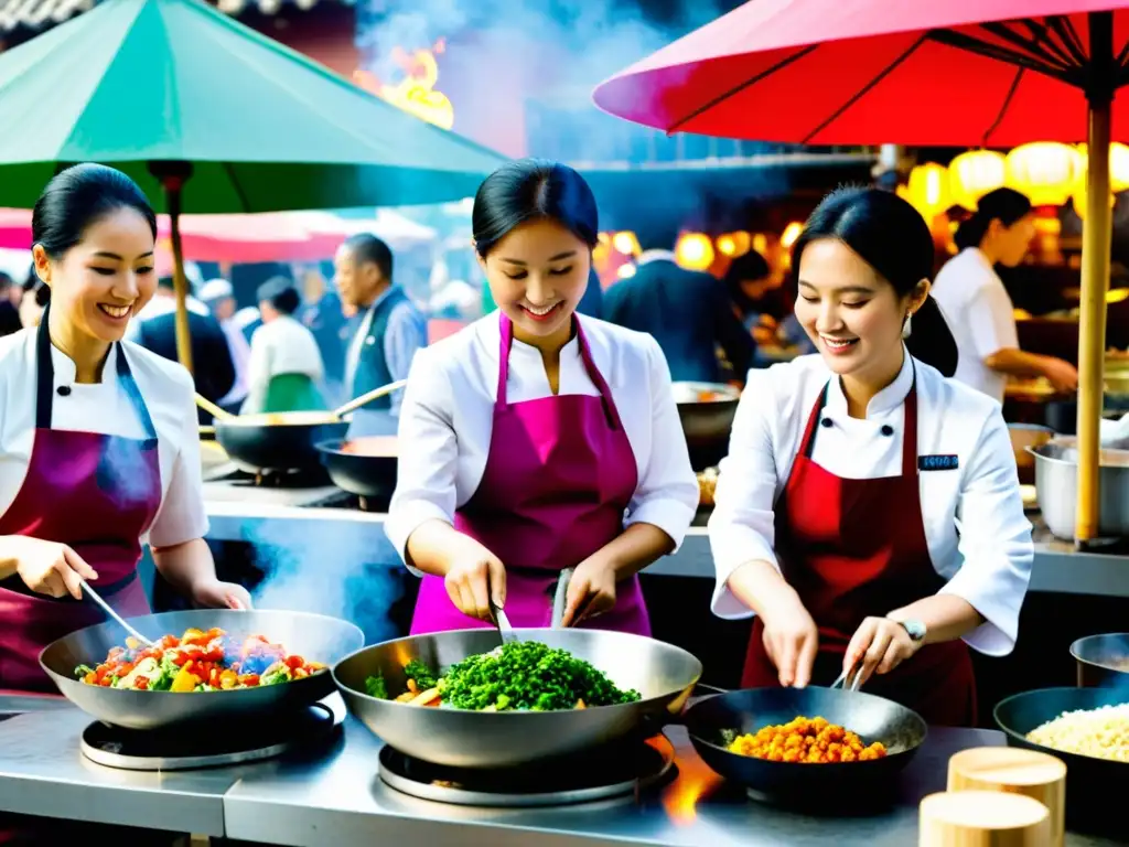 Chefs celebridades mujeres culinaria asiática preparan platos en bullicioso mercado al aire libre, rodeadas de color y vapor