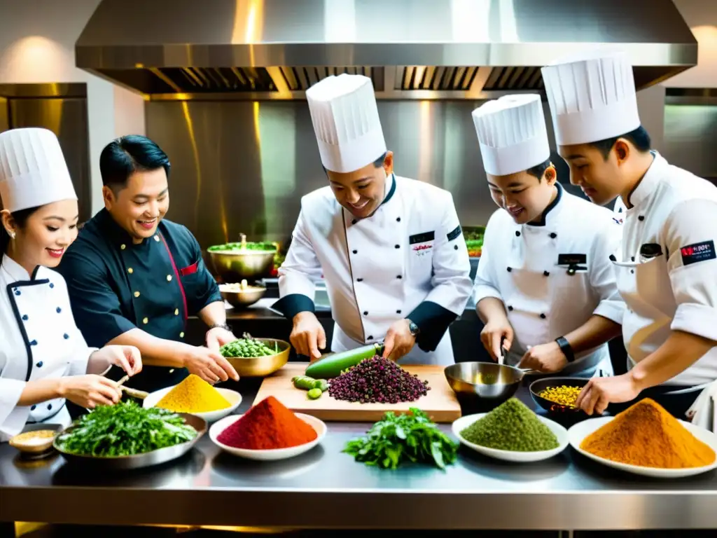 Los chefs más influyentes de Asia disfrutan de una animada reunión en torno a una mesa de cocina, preparando platos y compartiendo saberes culinarios