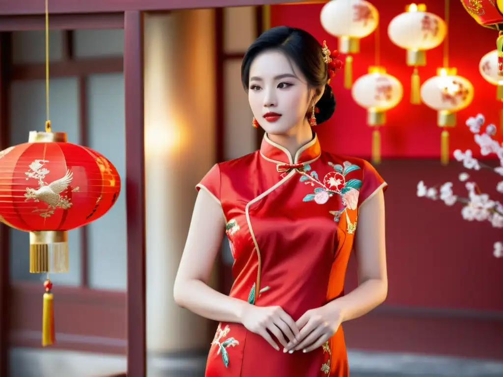 Cheongsam rojo con bordados finos y seda, exhibido con motivos chinos y lámparas de papel, representando la moda occidental