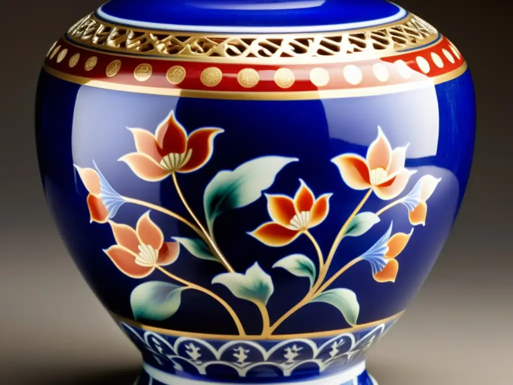 Inversión en porcelana imperial china: Detalle de delicado jarrón chino con diseños pintados a mano en tonos vibrantes de azul, rojo y oro, reflejando la luz y la historia cultural de la porcelana imperial china