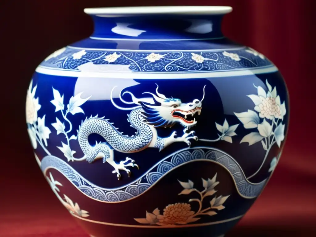 Inversión en porcelana imperial china: Detalle de un delicado jarrón de la dinastía Ming, con motivos florales y dragones en azul y rojo vibrante, sobre seda iluminada