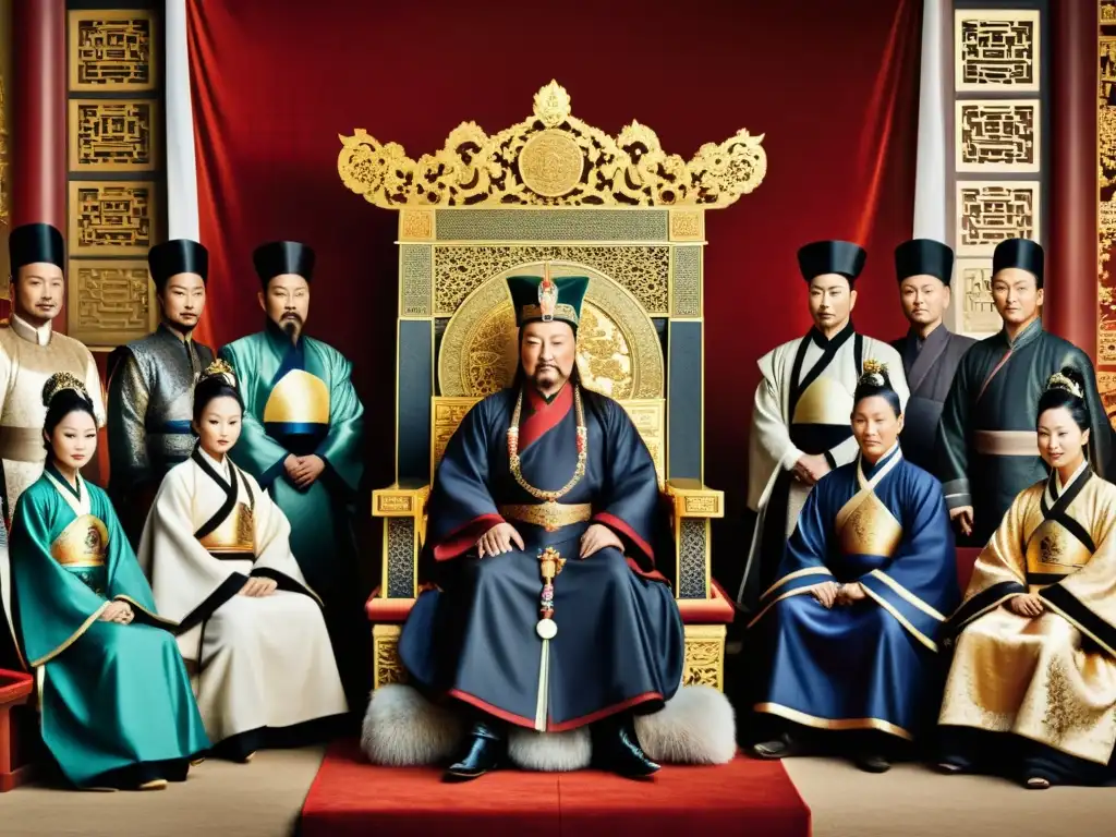 Kublai Khan gobierna China diversa desde su trono imperial, rodeado de cortesanos de diferentes orígenes étnicos