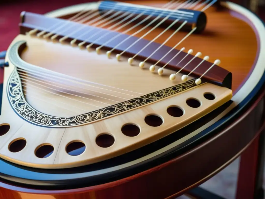 Un guzheng chino esculpido y pulido con 21 cuerdas brillantes en la suave luz de una sala de música tradicional china, rodeado de historia y artesanía