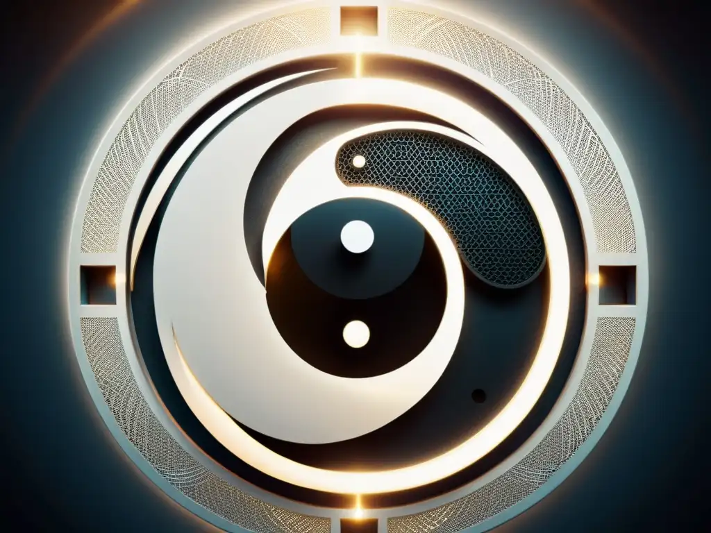 Yin yang chino junto a una instalación de acelerador de partículas, mostrando paralelismos entre mística oriental y física moderna