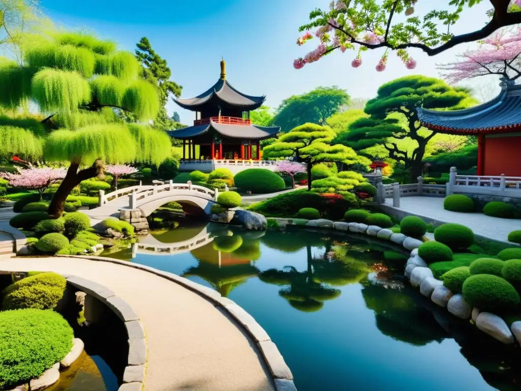 Jardín chino sereno con estanque, puente de piedra y pagoda