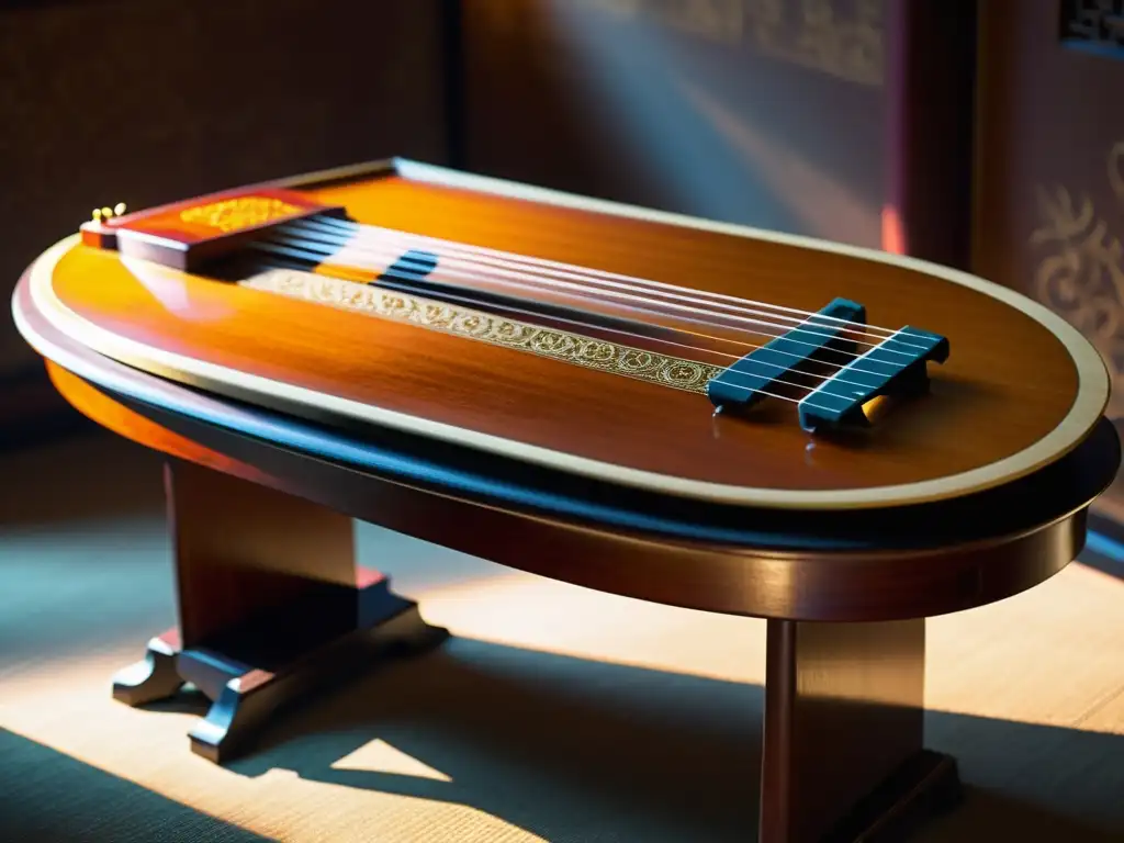 Un guzheng chino, tallado y brillante en una habitación decorada