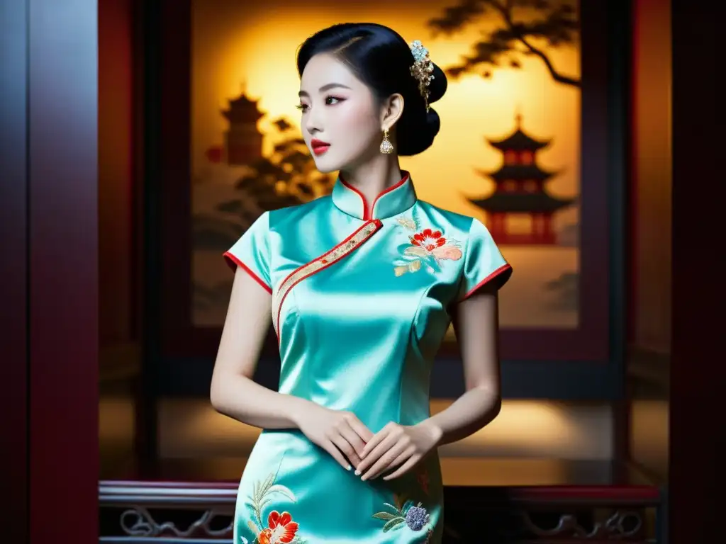 Un qipao chino tradicional con bordados intrincados y colores vibrantes, exhibido en un entorno de museo tenue