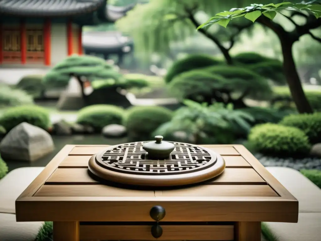 Un jardín chino tradicional con tablero de Weiqi, evocando el origen filosófico del Weiqi Chino en un ambiente sereno y culturalmente enriquecedor