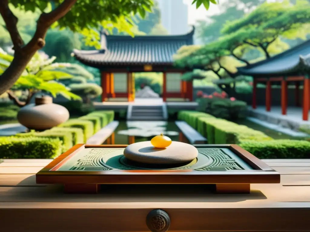 Un jardín chino tradicional con un tablero de Weiqi rodeado de naturaleza exuberante y elementos arquitectónicos