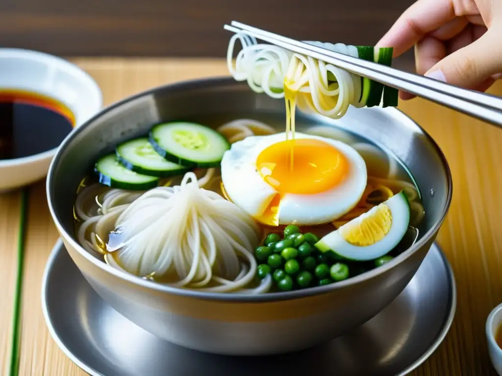 Chopsticks levantando fideos fríos verano coreano de un bol de acero inoxidable con caldo claro, hielo, pepino y huevo duro