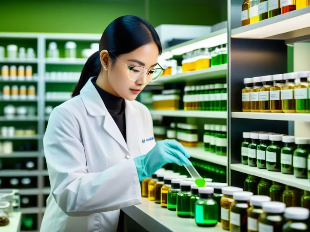 Experto en Cosmética: Mezcla de Ciencia y Naturaleza Una científica en un laboratorio moderno y elegante mide extractos naturales y tecnológicos con precisión