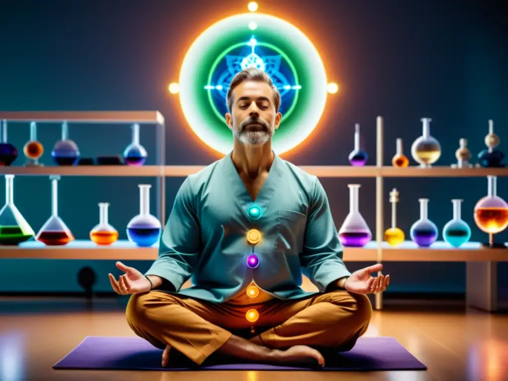 Un científico en un laboratorio moderno practica yoga, integrando chakras en salud integral