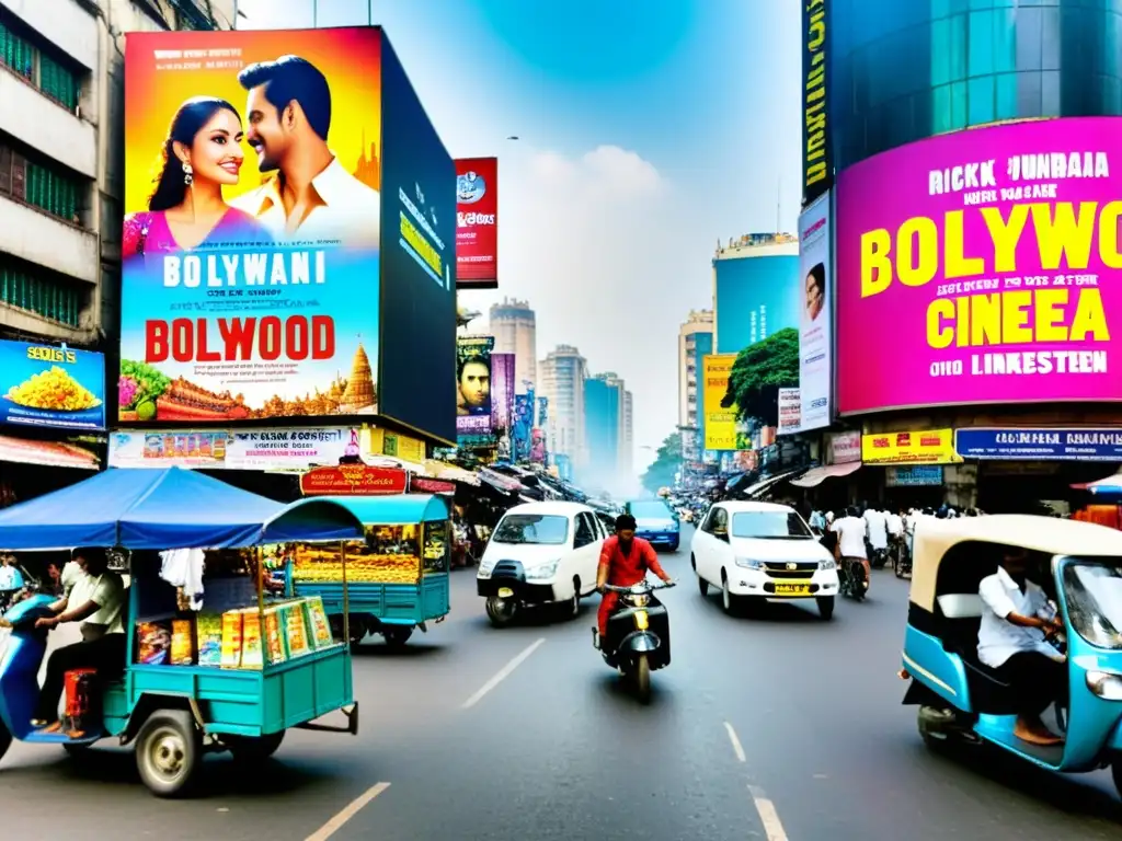 Cine de la India en streaming: Calle bulliciosa de Mumbai con tiendas coloridas y anuncios de películas de Bollywood, rickshaws y peatones