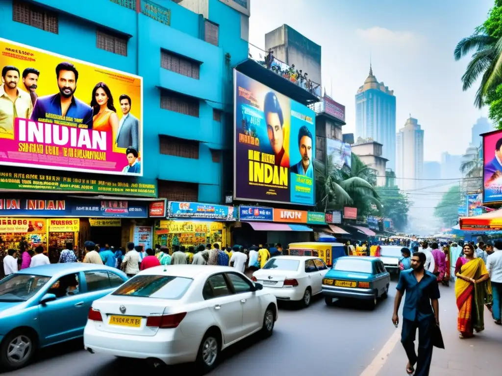 Cine de la India en la Era Digital: Una bulliciosa calle en Mumbai llena de carteles vibrantes de películas, capturando la energía del cine indio