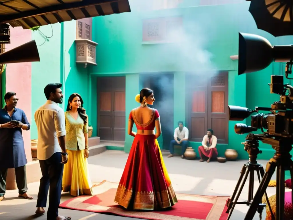 Cine de la India en la Era Digital: Imagen detallada de un set de Bollywood vibrante, con colores llamativos y equipo diverso trabajando juntos