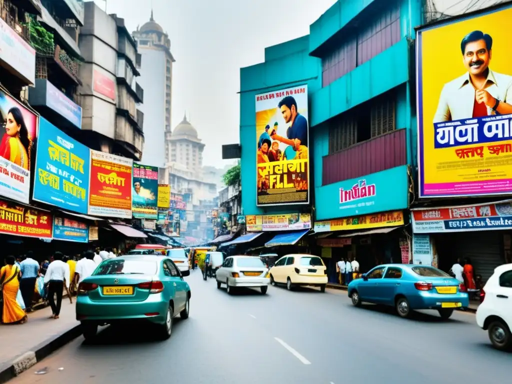 Cine regional indio diverso: Calle vibrante de Mumbai llena de coloridos carteles de películas y bullicio callejero