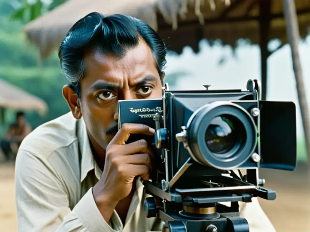 Satyajit Ray, cineasta visionario de la India, concentradísimo en el set de 'Pather Panchali', supervisando la filmación con determinación