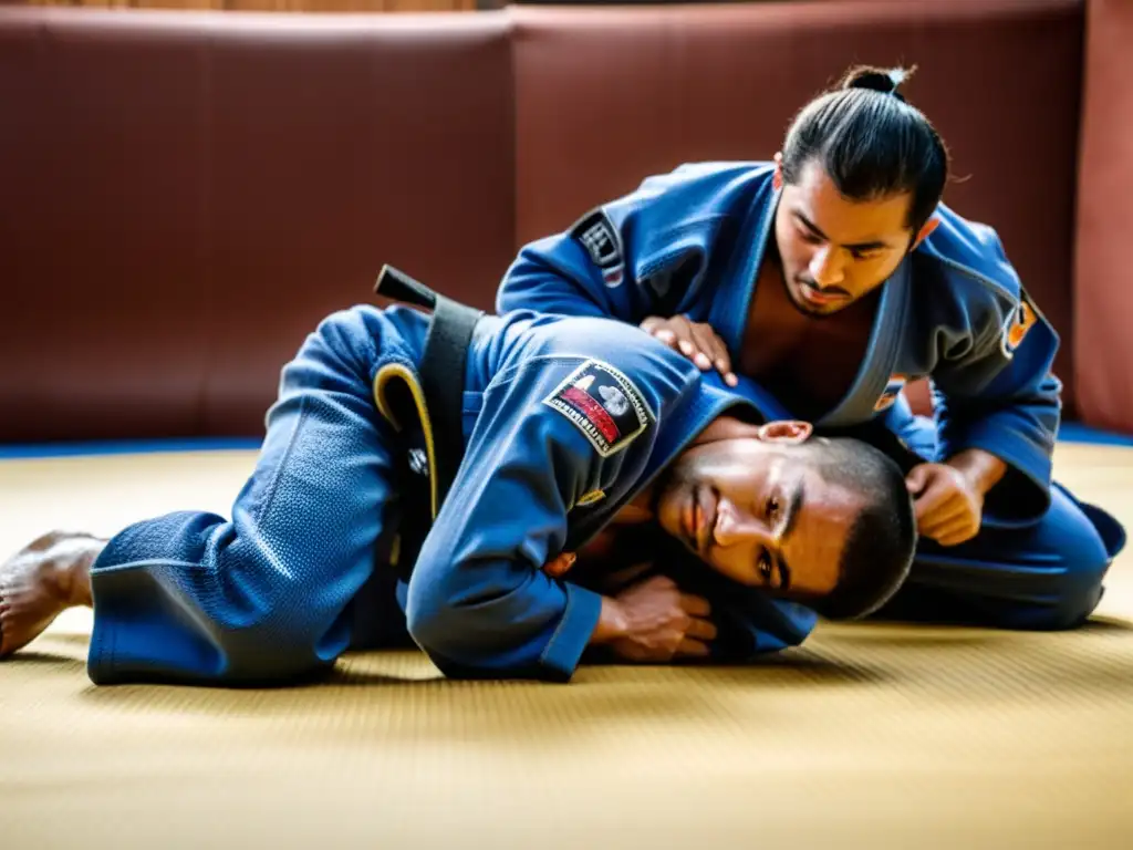 Dos cinturones negros de Brazilian JiuJitsu practicando técnicas en un tatami, destacando la intensidad y precisión