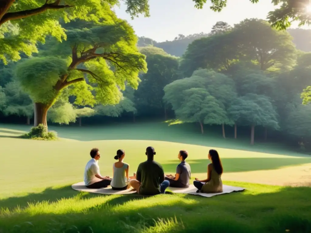 Meditación en la Naturaleza: Retiro de Paz y Serenidad Un círculo de meditación al aire libre en un prado verde exuberante
