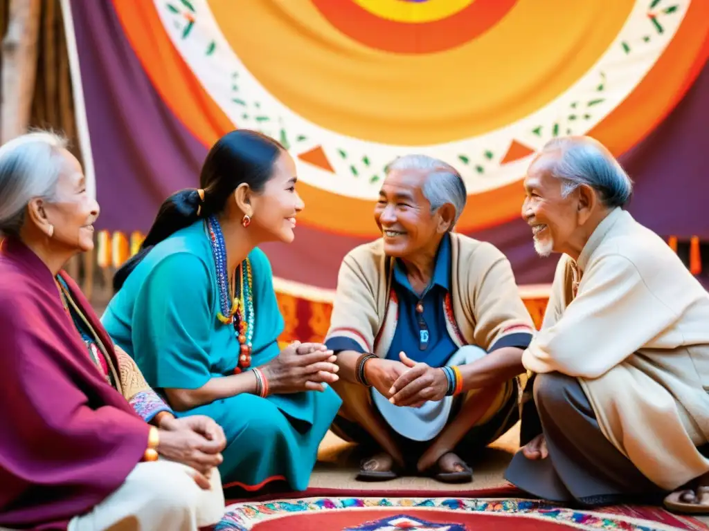 Un círculo de ancianos de diferentes etnias conversa animadamente en sus idiomas nativos, vestidos con trajes tradicionales