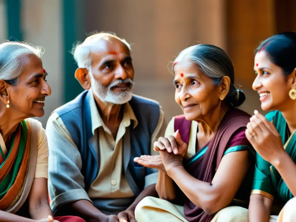 Un círculo de ancianos inmersos en una animada conversación, reflejando la rica tradición de la oralidad en la literatura y cine indio