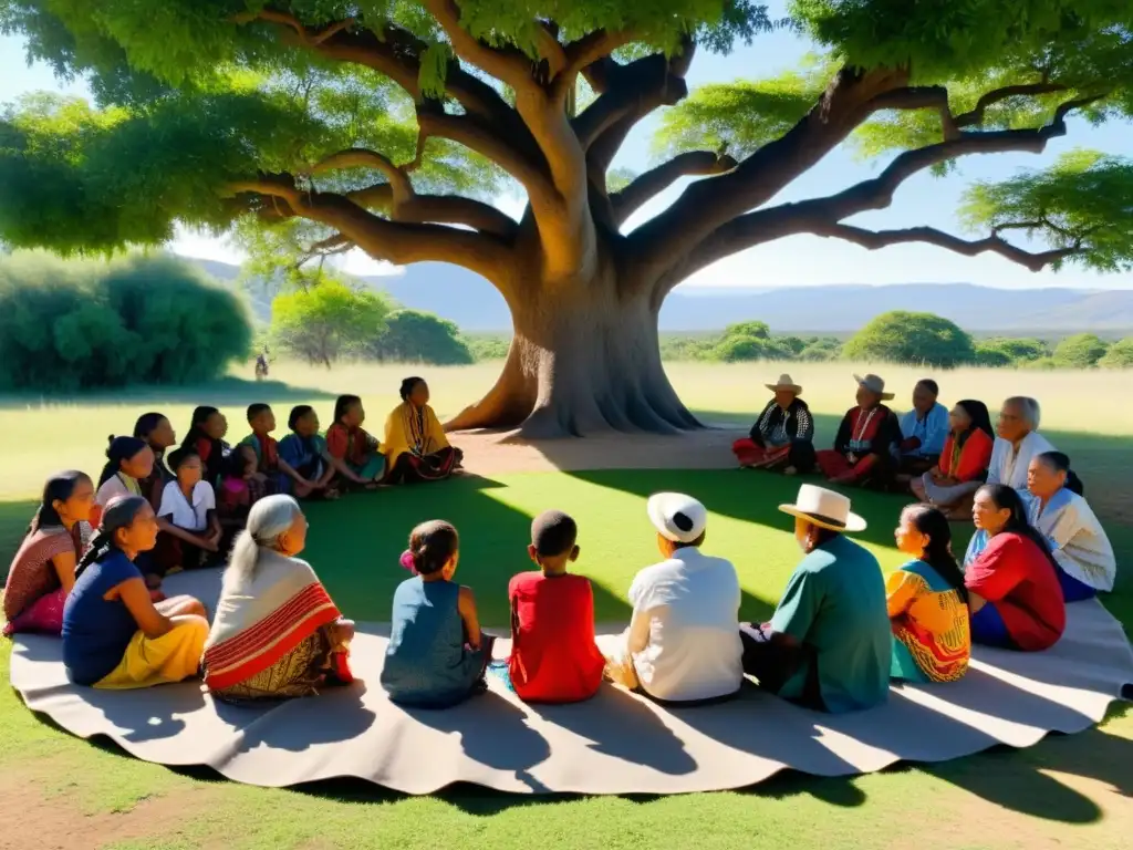 Un círculo de ancianos y niños indígenas bajo un árbol frondoso, preservación lingüística en la globalización