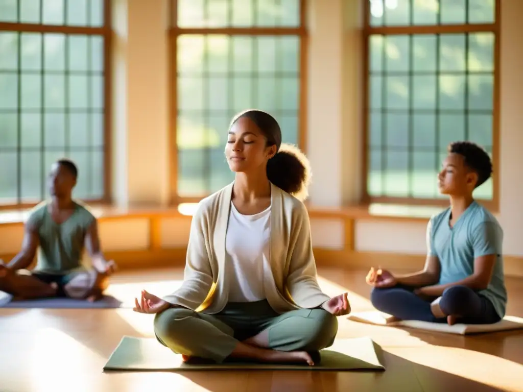 Un círculo de meditación en una aula tranquila con luz dorada