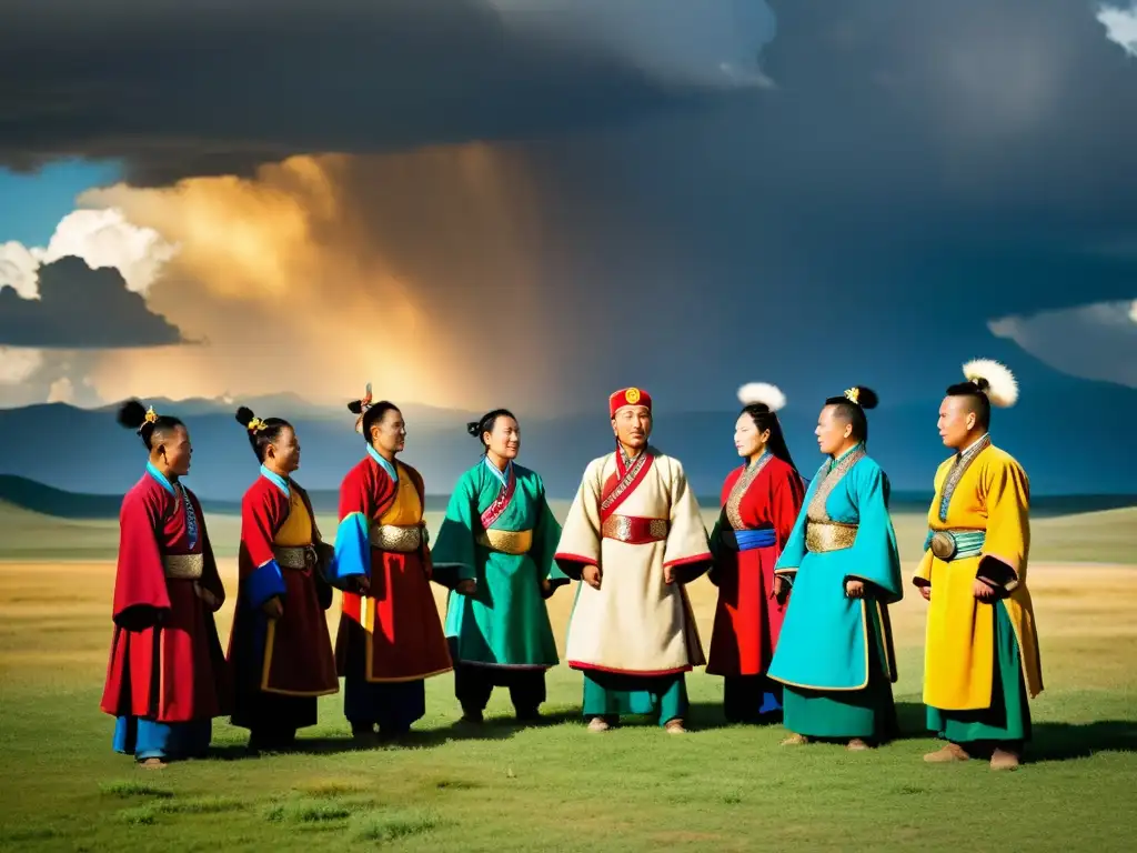 Un círculo de cantantes de garganta mongol, vistiendo trajes tradicionales, entonando melodías hipnóticas en las vastas estepas de Mongolia