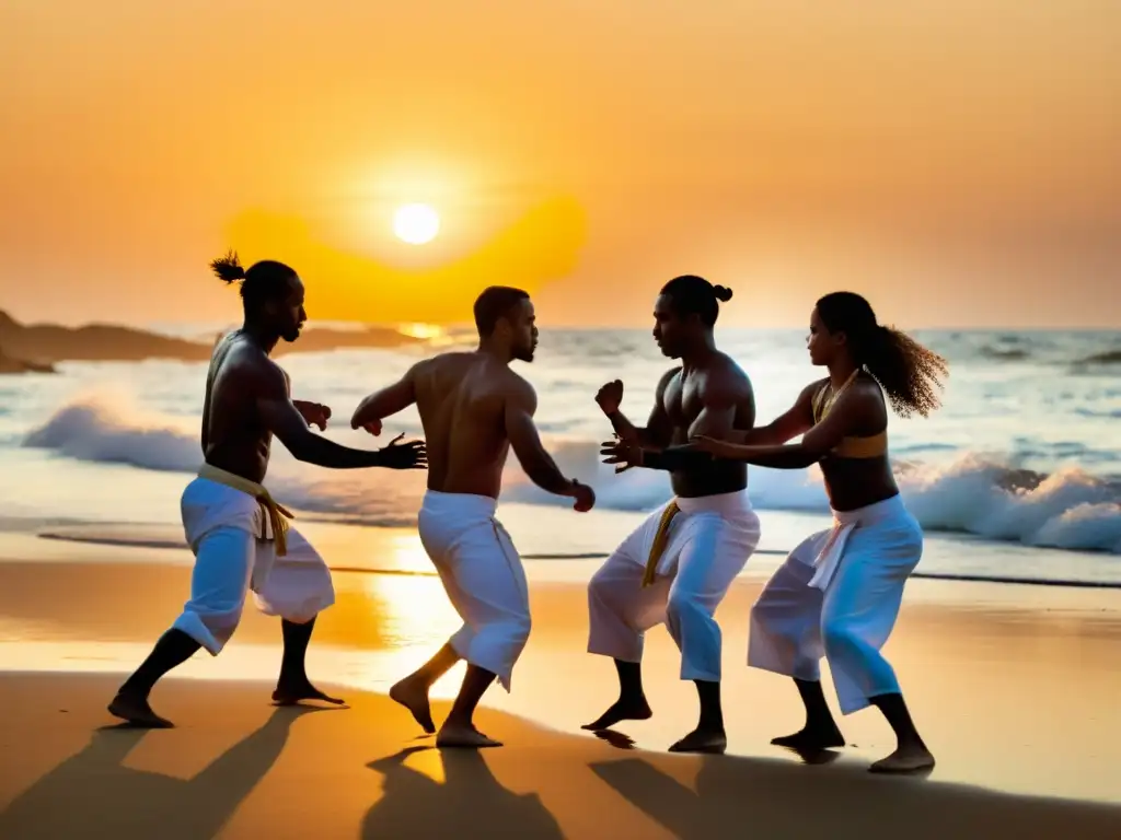 Un círculo de capoeiristas en la playa al atardecer, con movimientos fluidos y energía palpable