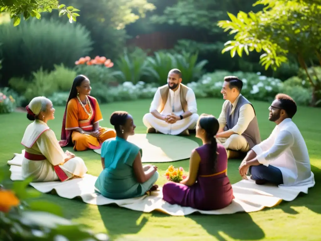 Un círculo de diversidad cultural en armonía, representando la Ética del Sufismo para la paz, en un jardín tranquilo y soleado