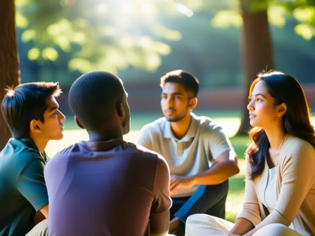 Un círculo de estudiantes al aire libre, inmersos en la enseñanza de la Filosofía Advaita, iluminados por la cálida luz del sol entre los árboles