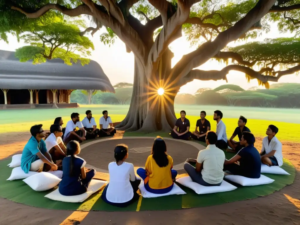 Un círculo de estudiantes bajo un árbol banyan, con su maestro, discutiendo sobre antiguos rollos al atardecer