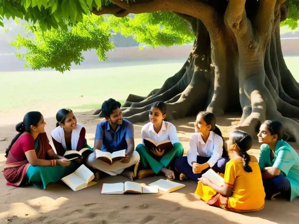 Un círculo de estudiantes indios lee y discute poesía bajo un árbol