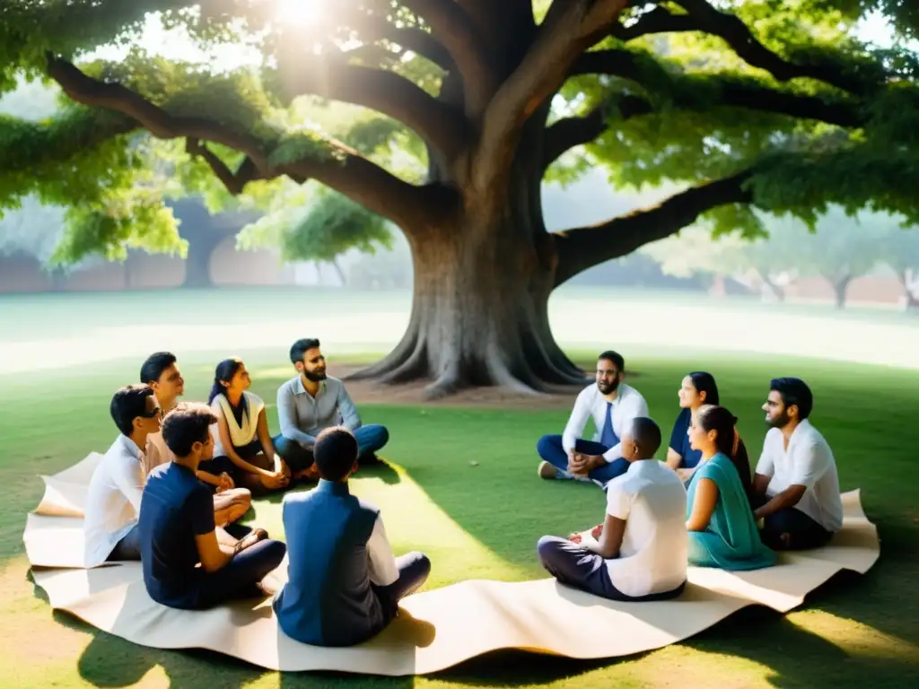 Un círculo de estudiantes y profesores bajo un árbol, discutiendo la aplicación de la Sabiduría Védica para la educación holística