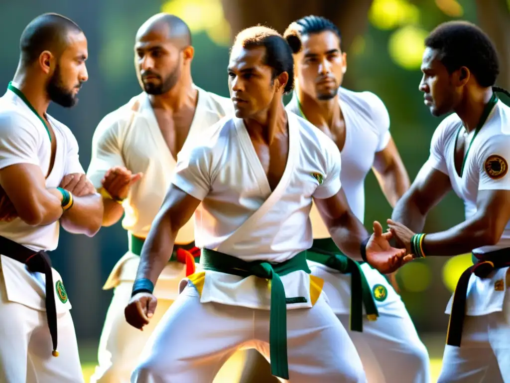 Un círculo de mestres de capoeira con intensas expresiones