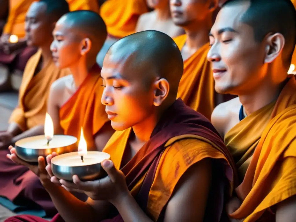 Un círculo de monjes budistas en saffron entonando melodías con instrumentos tradicionales, rodeados de velas, creando una atmósfera serena y elevadora