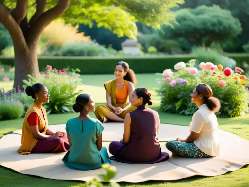 Un círculo de mujeres diversas comparte en un jardín, reflejando el encuentro entre Budismo y feminismo: liberación y empoderamiento