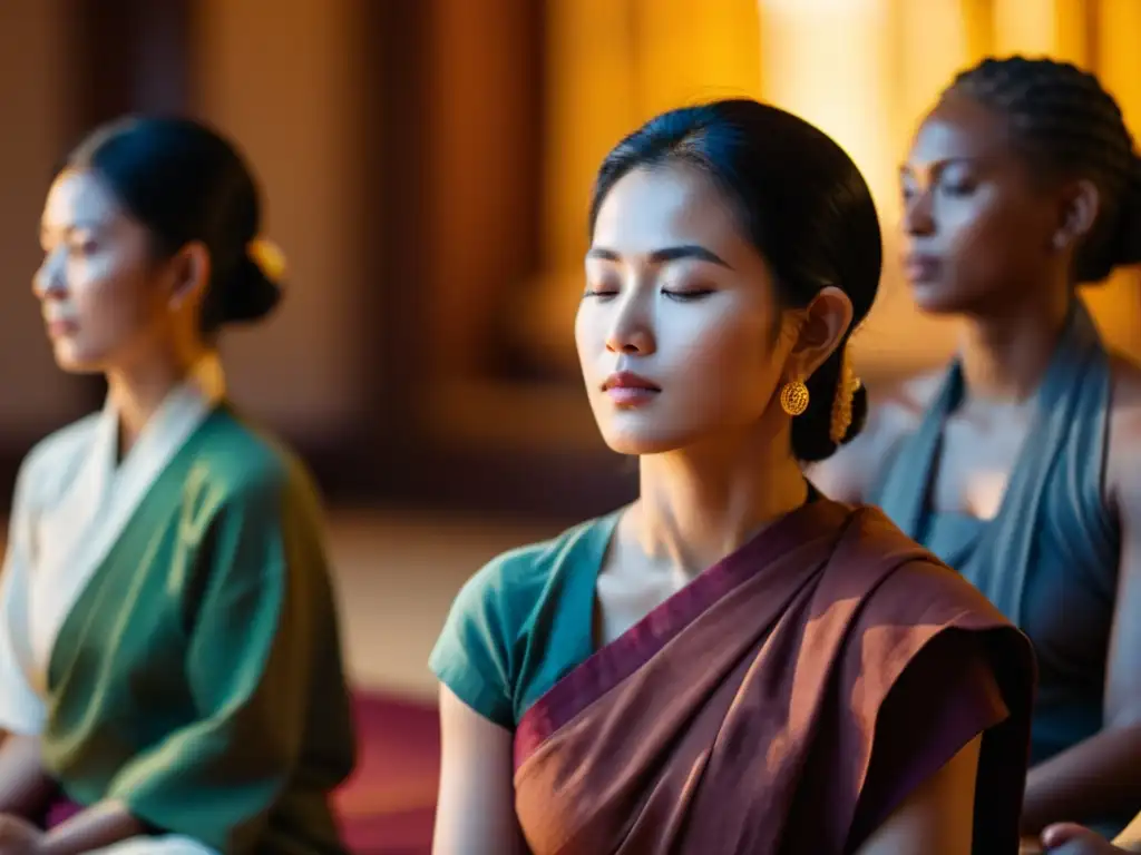 Un círculo de mujeres diversas en un encuentro de meditación budista, emanando empoderamiento y tranquilidad