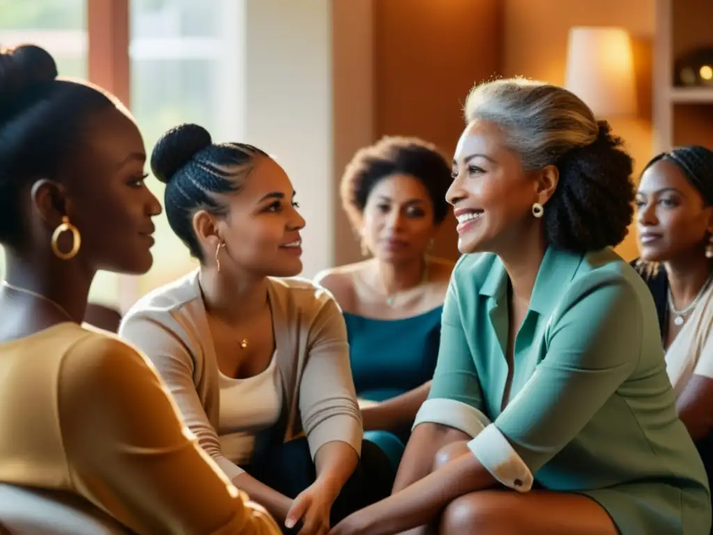 Un círculo de mujeres diversas comparte historias y apoyo en un ambiente cálido, reflejando la resonancia social de 'Monólogos de la vagina'