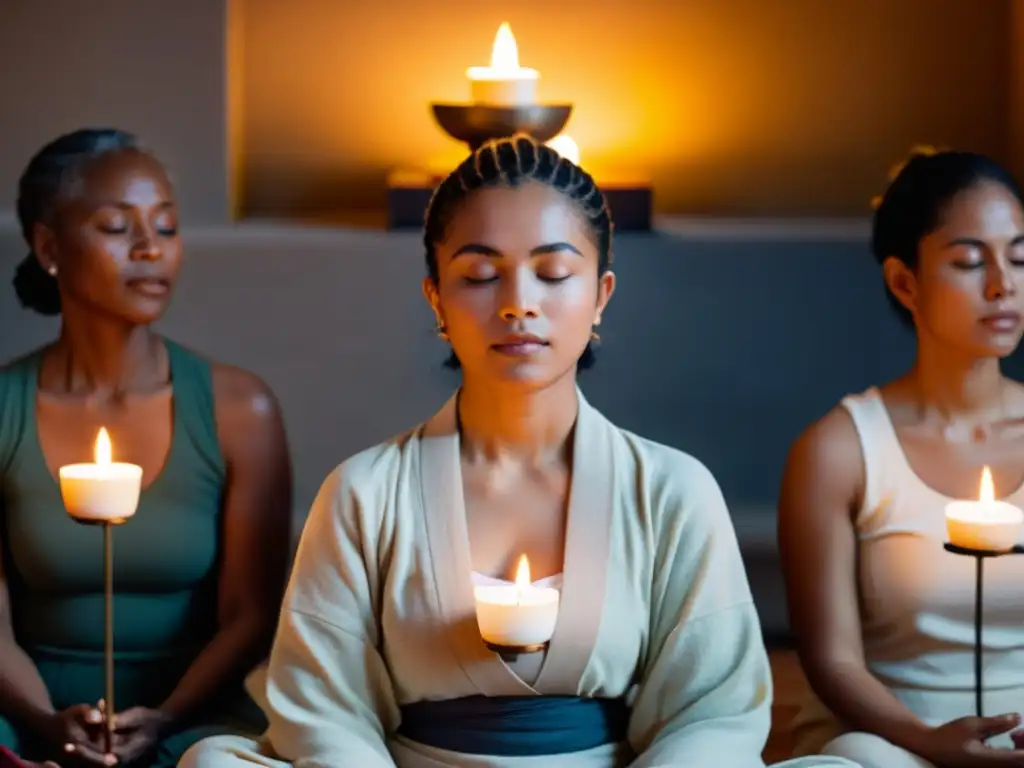 Un círculo de mujeres diversas medita en una suave luz de velas, transmitiendo empoderamiento y liberación a través del Budismo y el feminismo