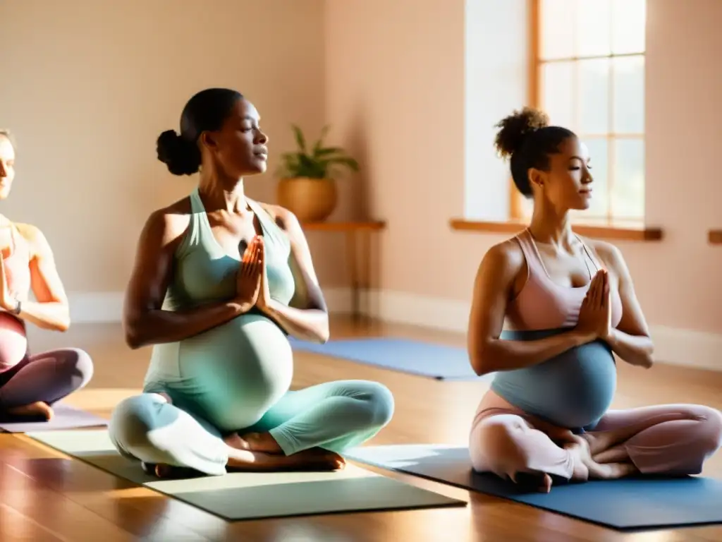 Un círculo de mujeres embarazadas practicando yoga prenatal en un estudio soleado y espacioso, creando una atmósfera de tranquilidad y apoyo