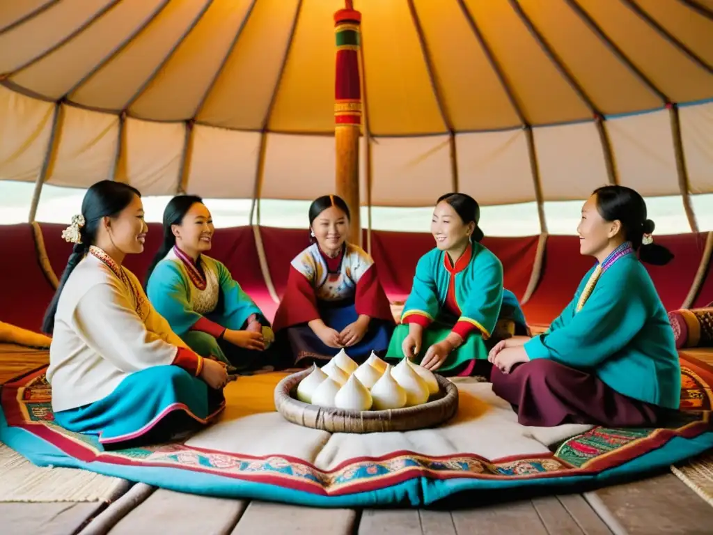 Un círculo de mujeres mongoles en deels tradicionales preparándose para el Tsagaan Sar rodeadas de ofrendas