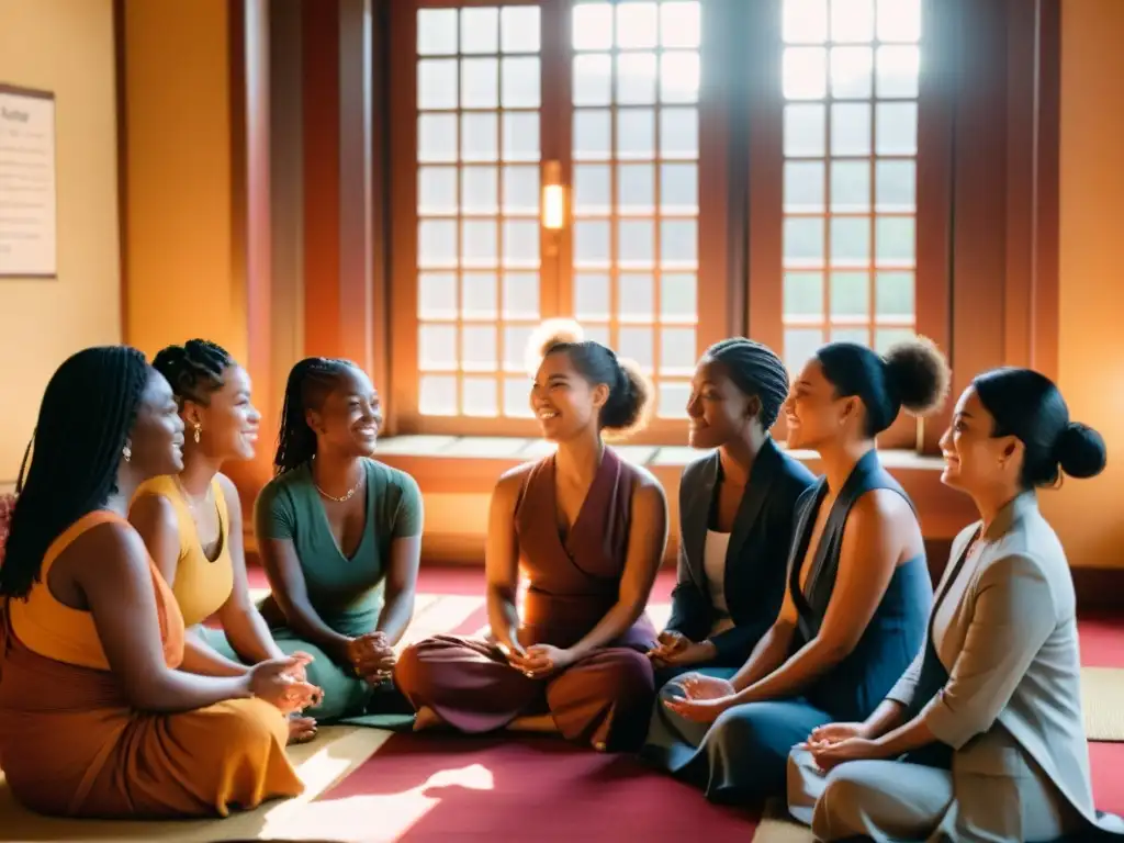 Un círculo de mujeres y personas no conformes de género discuten empoderamiento e ideas en un templo budista