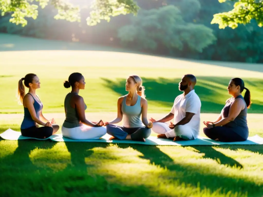 Un círculo de personas en meditación al aire libre, vestidas con ropa cómoda, experimentando el poder transformador del Bhakti Yoga