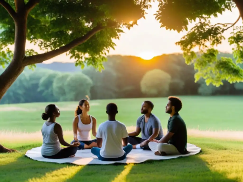 Un círculo de personas meditando al atardecer en el campo