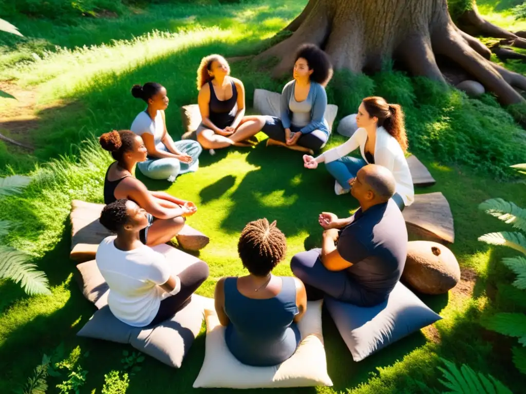 Un círculo de personas meditando en el bosque, conectadas con la naturaleza