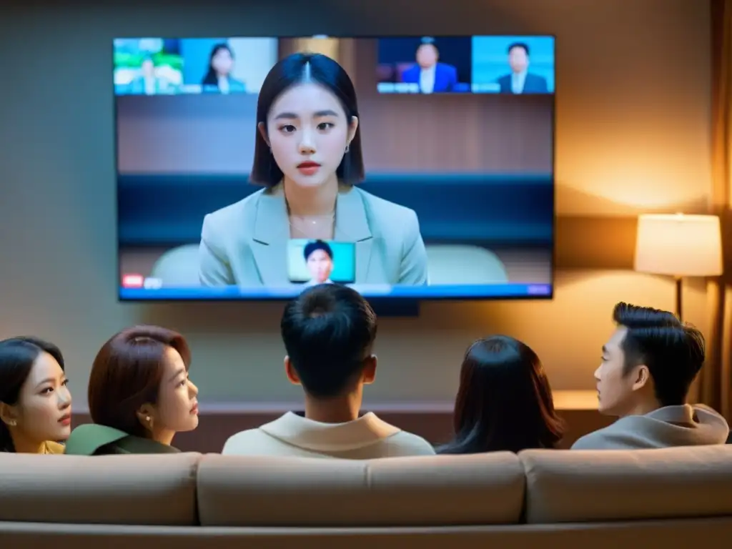 Un círculo de personas diversas observa intensamente un drama coreano en la televisión, reflejando la profunda conexión emocional