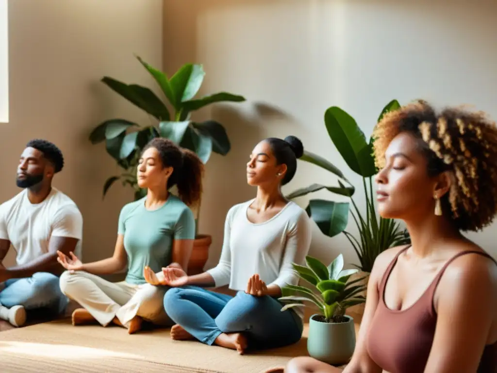 Un círculo de personas diversas practica meditación mindfulness en un espacio sereno y luminoso, conectando con la tranquilidad en la era digital