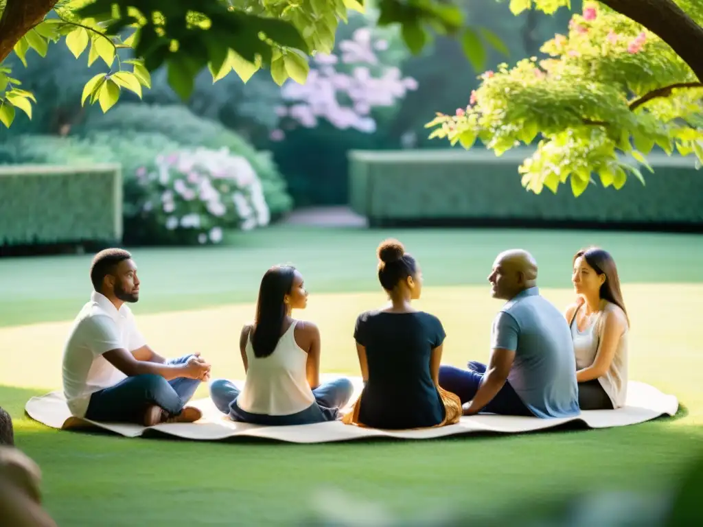 Un círculo de personas diversas en meditación en un jardín tranquilo